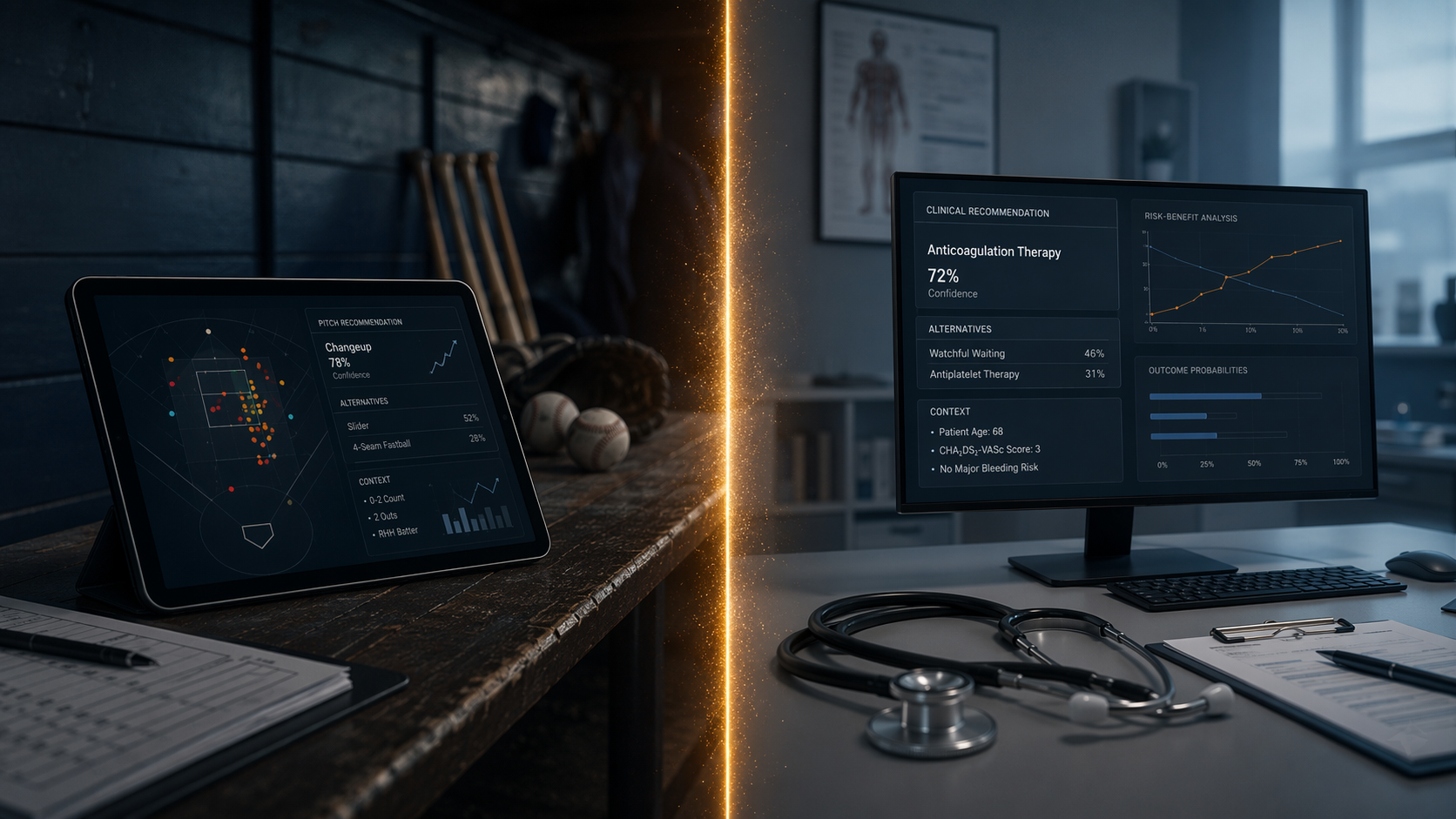 Baseball dugout tablet and clinical workstation separated by a glowing boundary line between AI assistance and human decision-making