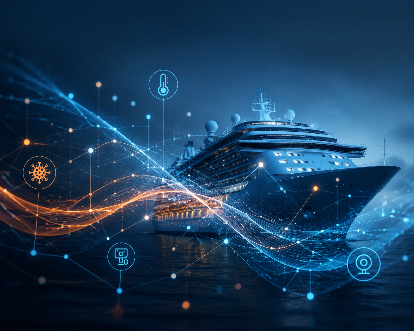Conceptual cruise ship overlaid with neural network nodes, virus icons, temperature readings, and monitoring data streams