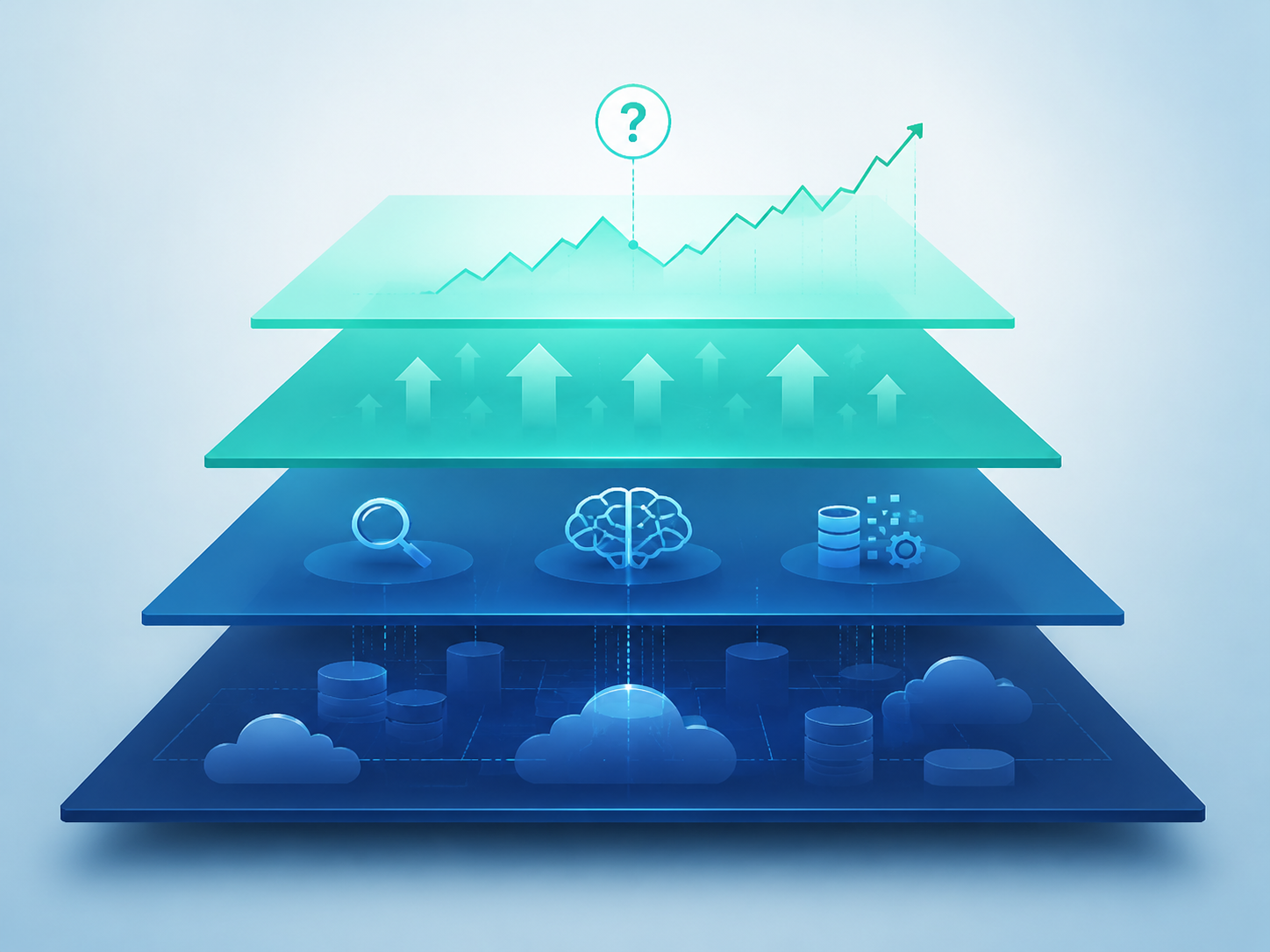 Layered cloud infrastructure, products, adoption arrows, and financial growth chart