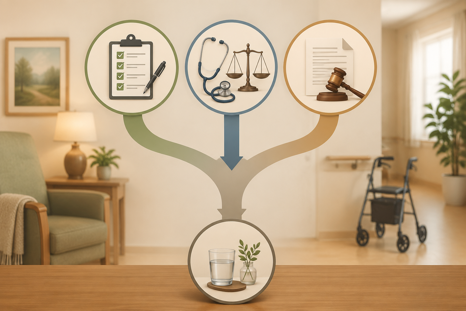 Decision pathway showing screening assessment, clinical risk-benefit review, and legal documentation converging into one process