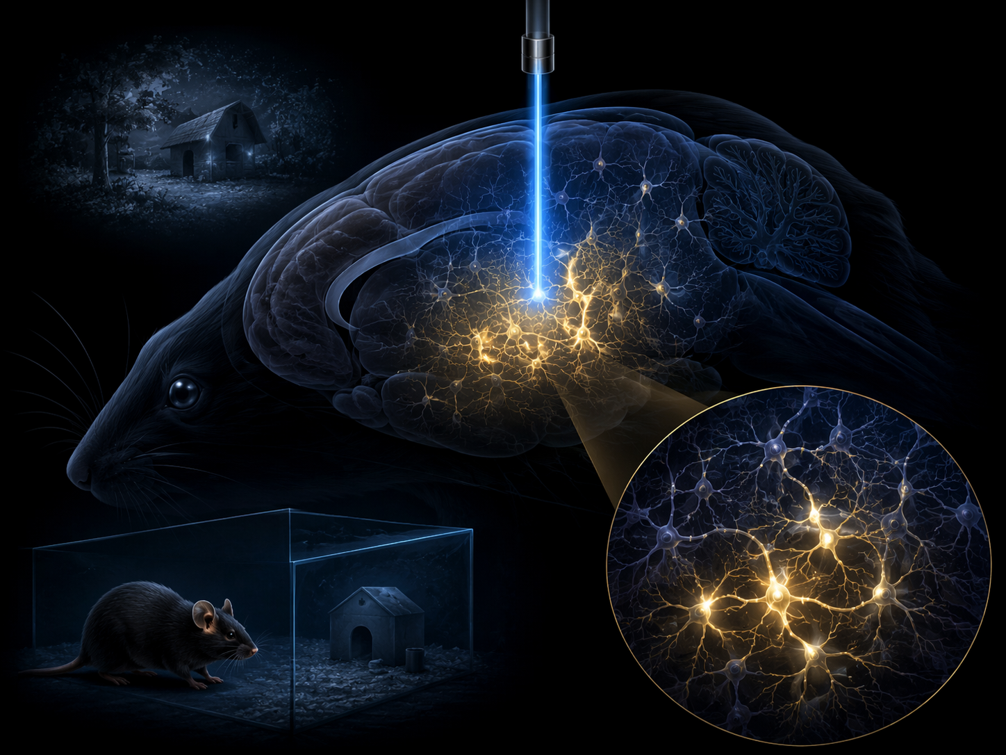 Mouse brain silhouette with fiber-optic light activating a dormant neuronal ensemble