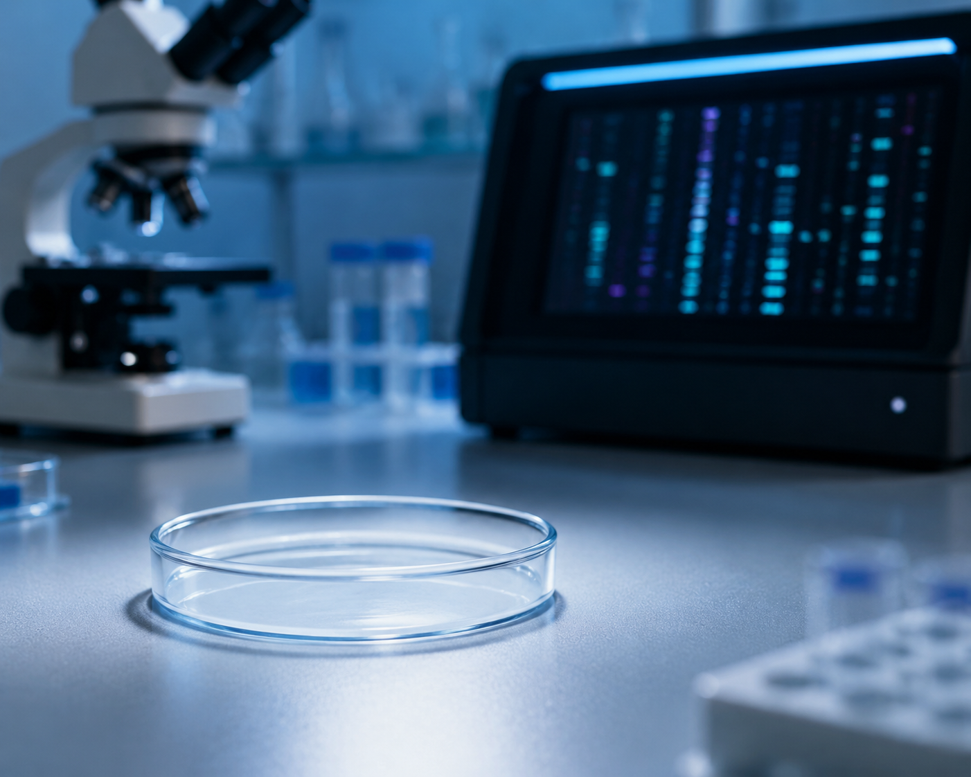 Empty sterile petri dish on a laboratory bench with blurred microscopy and sequencing equipment in the background