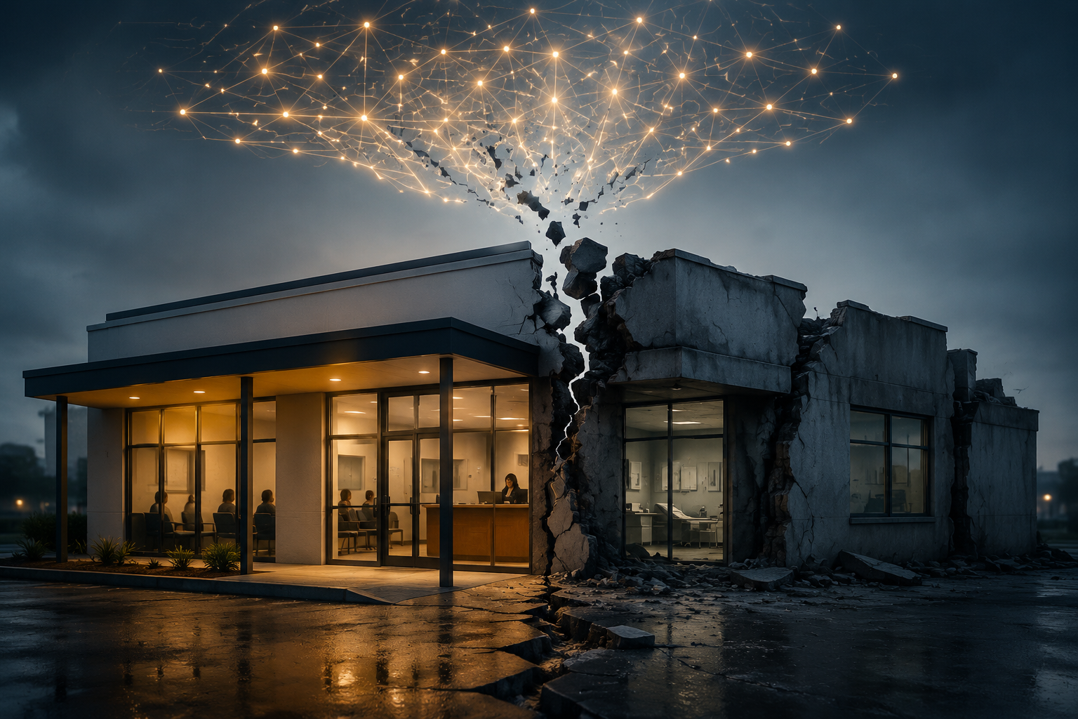Safety-net clinic with a fractured AI network hovering above it