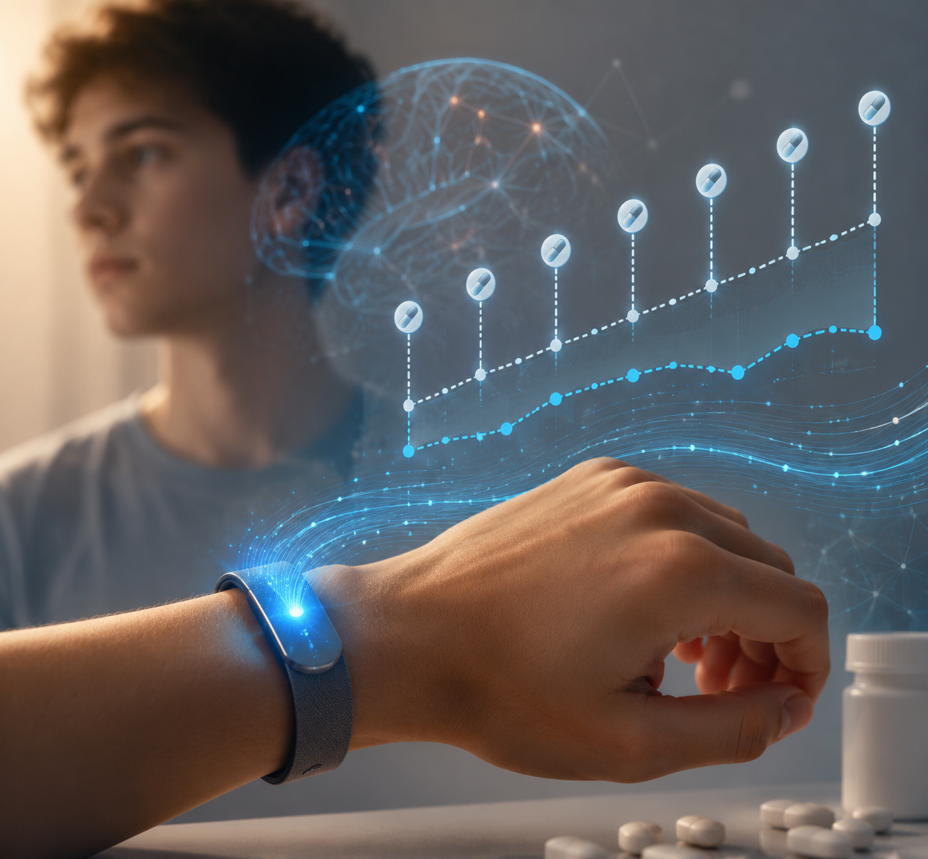 Wrist sensor band connected to medication dose markers and incomplete intake indicators