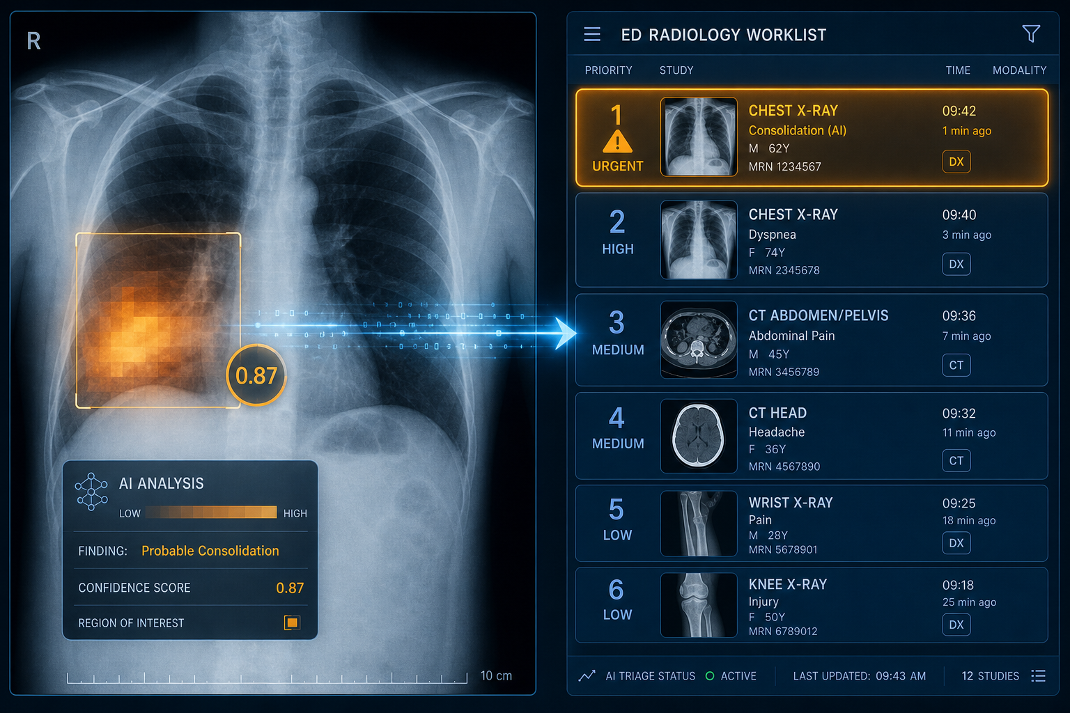 Split-panel illustration showing a chest X-ray with an amber AI heat map overlay on the left, and a stylized ED radiology worklist with urgency-ordered case cards on the right, connected by a blue data-flow line.