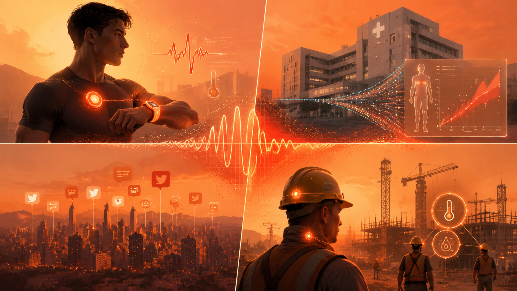 Four AI approaches to heat stroke recognition using wearable sensors, hospital biomarkers, social media surveillance, and occupational IoT systems