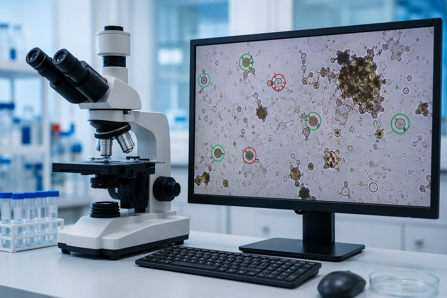Clinical laboratory microscope beside a digital screen showing highlighted microscopic stool organisms