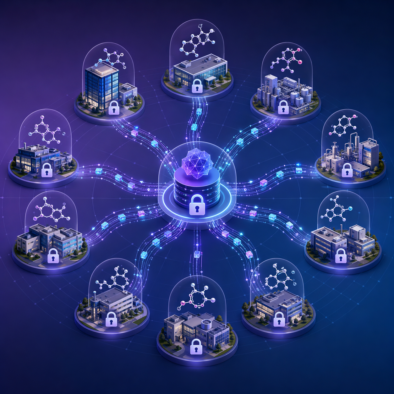 Ten pharmaceutical company buildings with locked molecular libraries connected through encrypted federated model update pathways