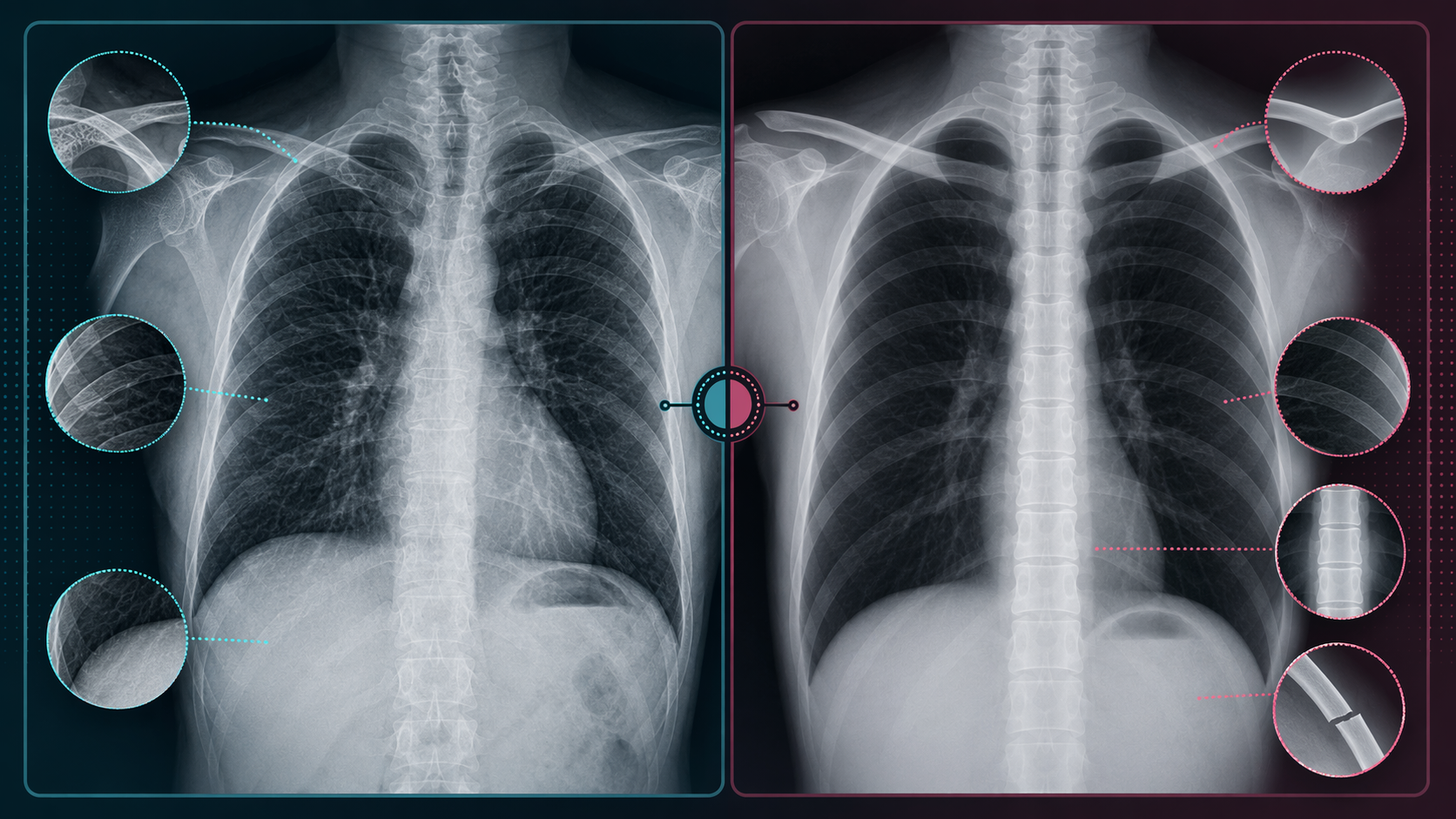 Side-by-side comparison of a real chest X-ray and a synthetic X-ray with smooth bones, symmetrical lungs, straight spine, and clean fracture artifacts