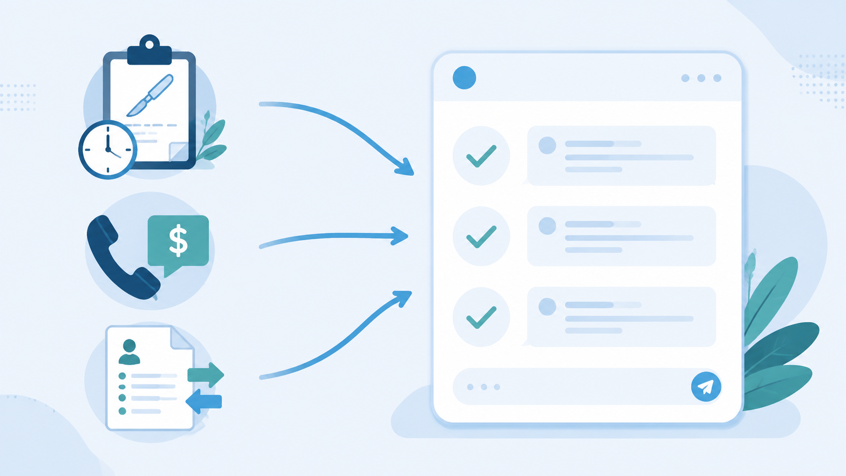 Illustration of manual healthcare administrative workflows flowing into an automated Slack-style messaging interface