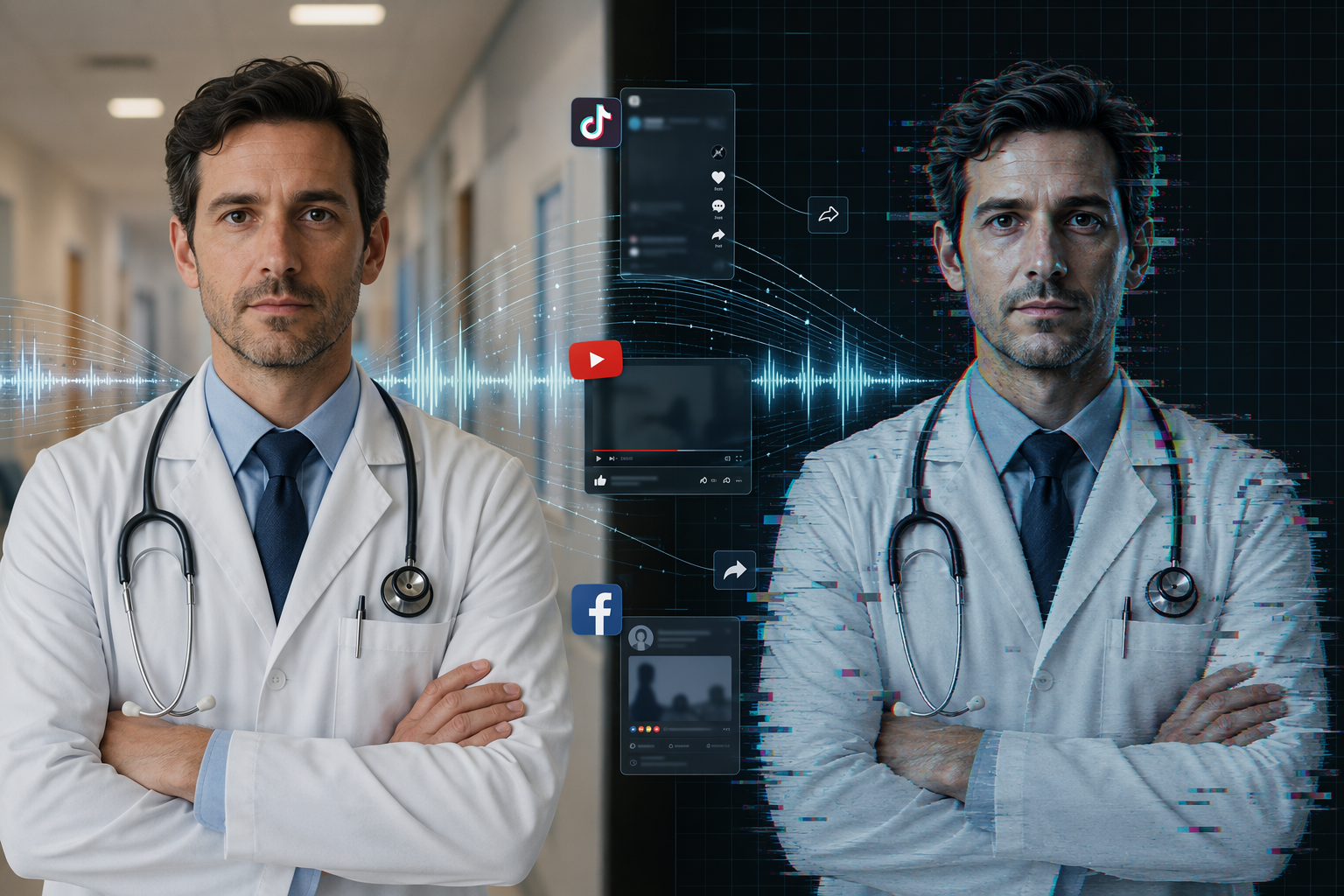 A real physician and a synthetic replica divided by voice waveforms and social media interface fragments