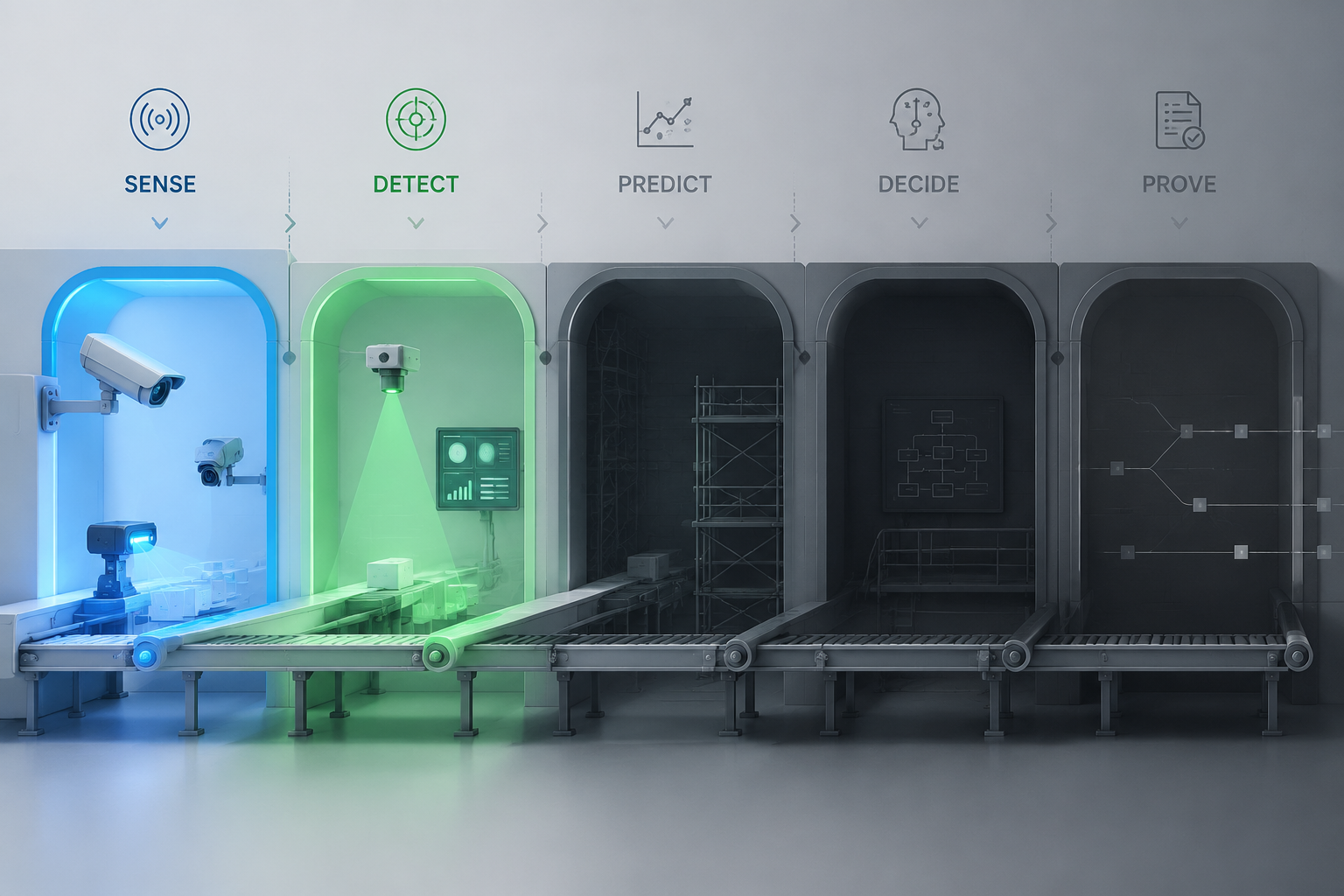 Five-stage food safety AI pipeline showing stronger sense and detect layers and less mature predict, decide, and prove layers