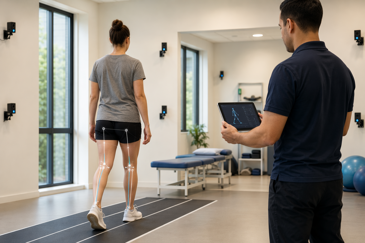 Patient walking in a rehabilitation room while wall-mounted cameras track gait and a therapist reviews movement metrics