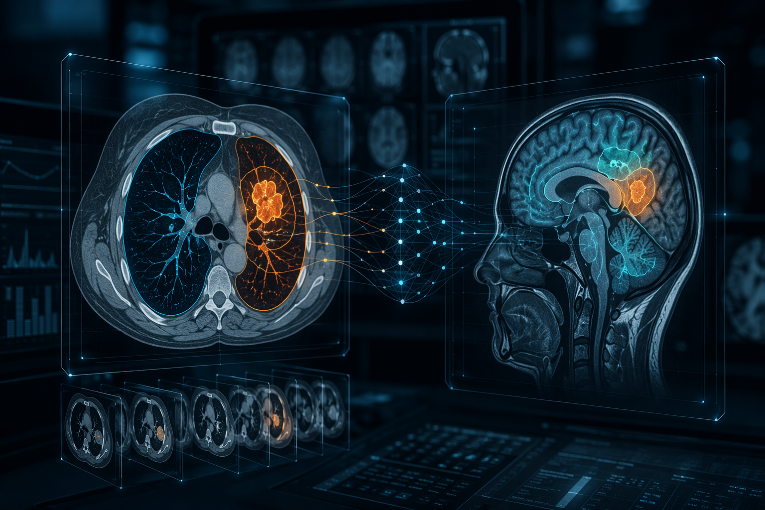 Clinical imaging scene with chest CT and brain MRI overlays, AI segmentation outlines, detection markers, and data flow lines