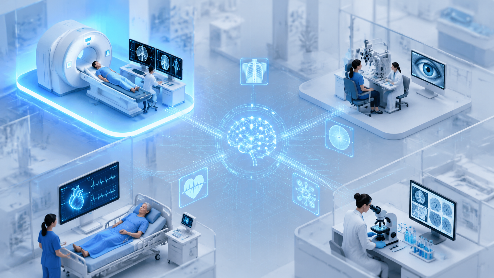Clinical specialty zones connected by an AI analysis overlay, with radiology highlighted most prominently