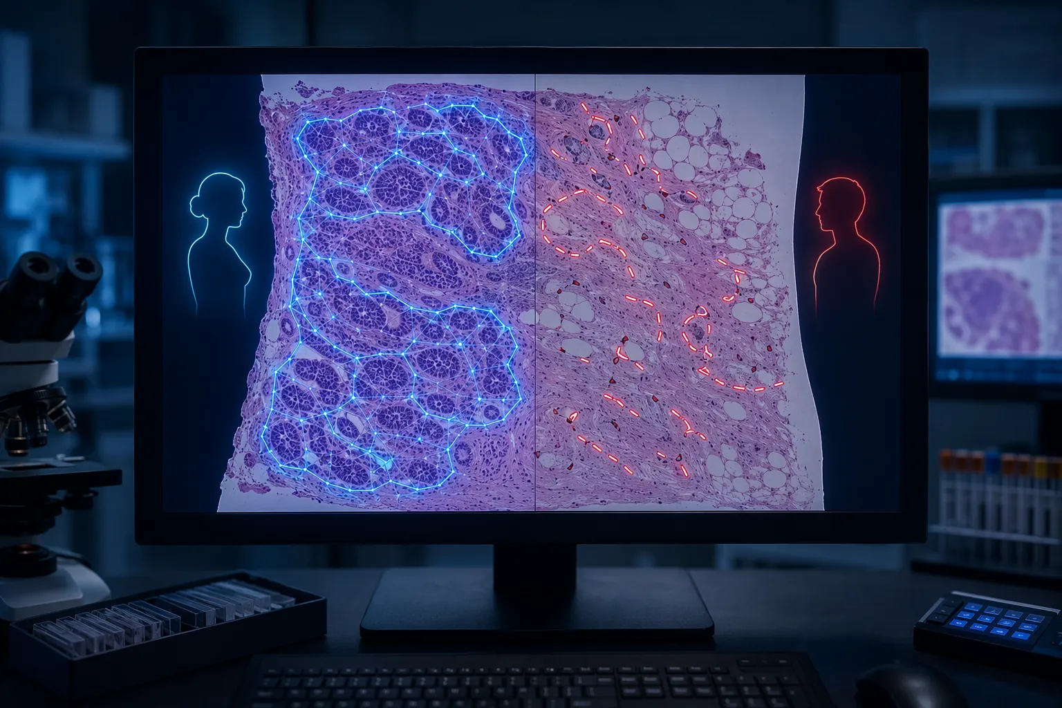 Pathology workstation showing a whole-slide breast tissue image with an AI overlay that appears smooth on one side and fragmented on the other