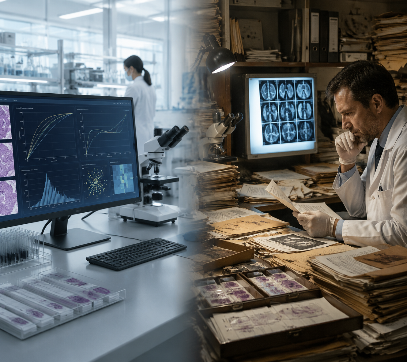 Split illustration contrasting controlled forensic AI benchmark research with a cluttered real-world pathology office