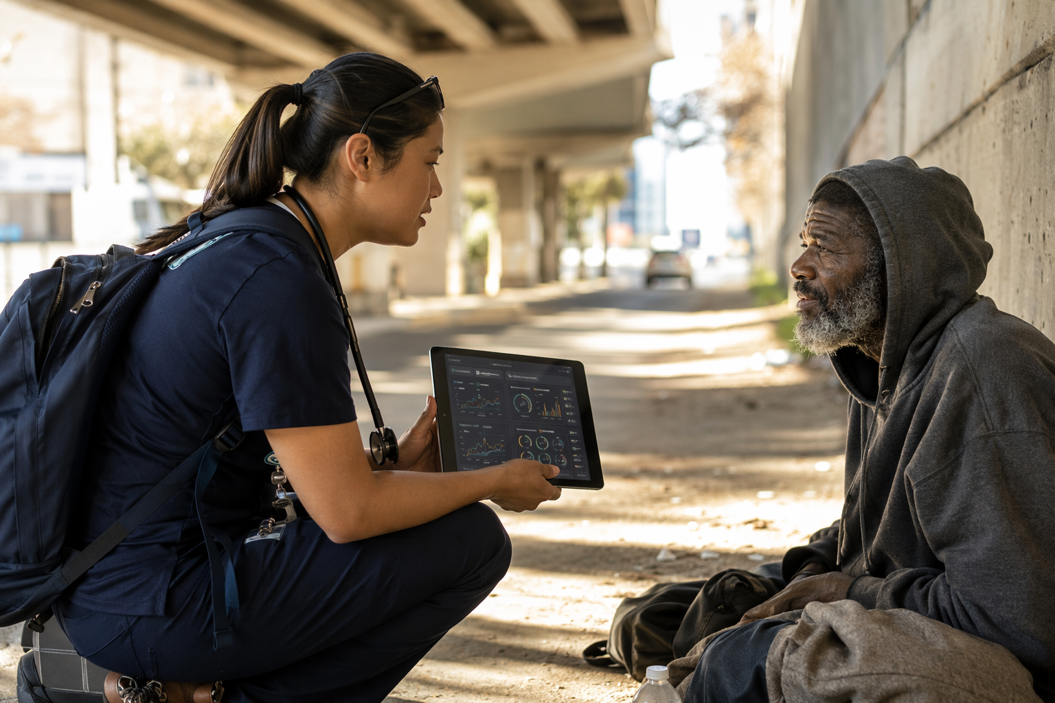 Street medicine clinician with a tablet speaking with an unhoused person under a bridge
