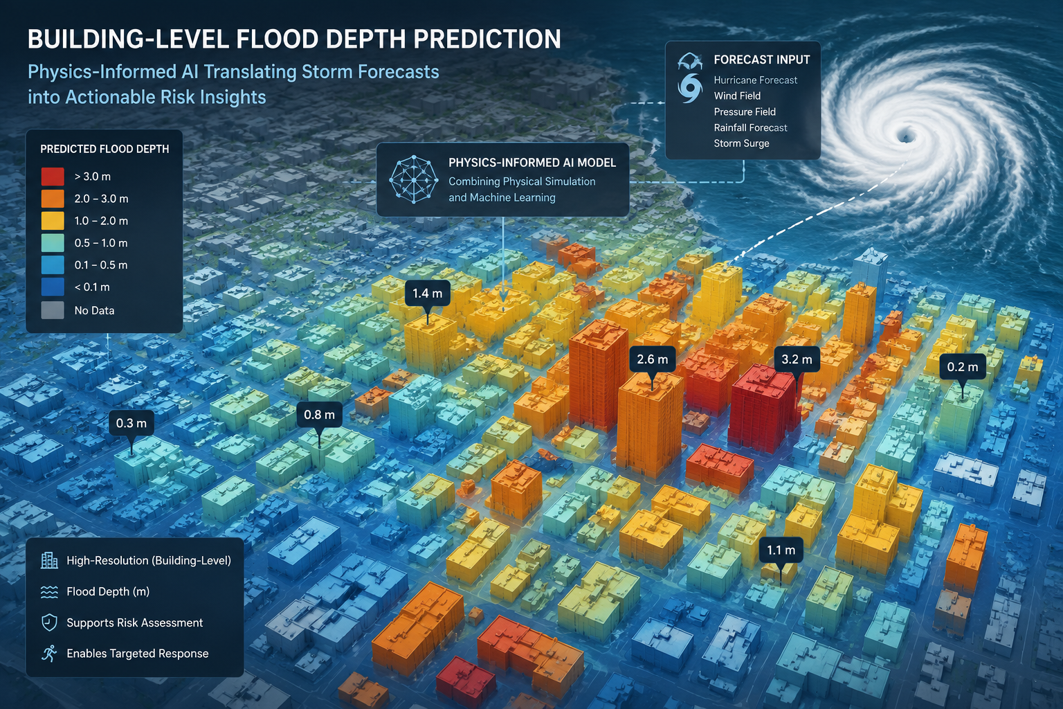 City grid showing building-level flood depth predictions