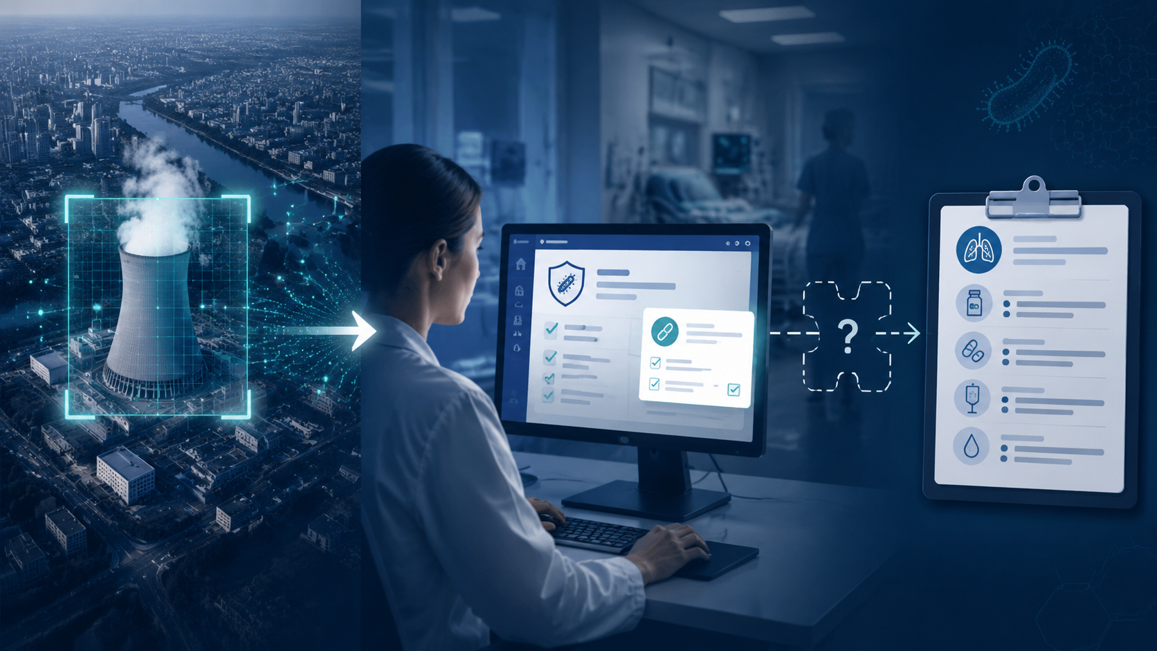 Clinical care pathway showing AI outbreak detection, antimicrobial stewardship support, and a gap before Legionella-specific treatment guideline decisions