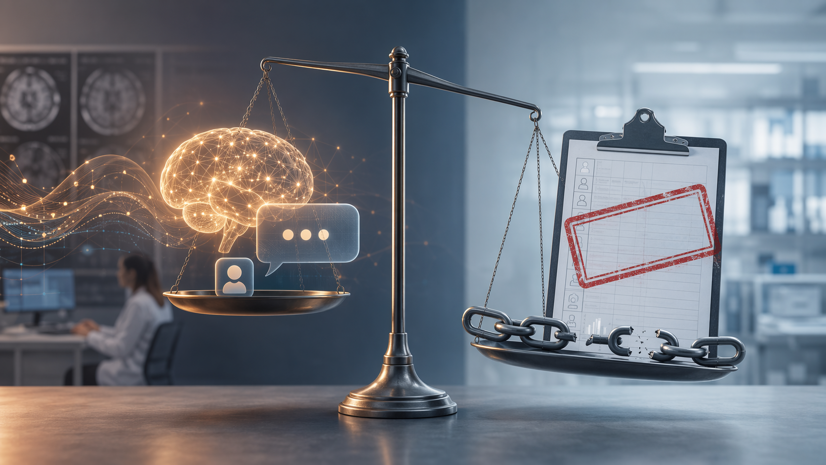 Balanced evidence graphic contrasting AI mental health promise with a missing adequately powered randomized controlled trial