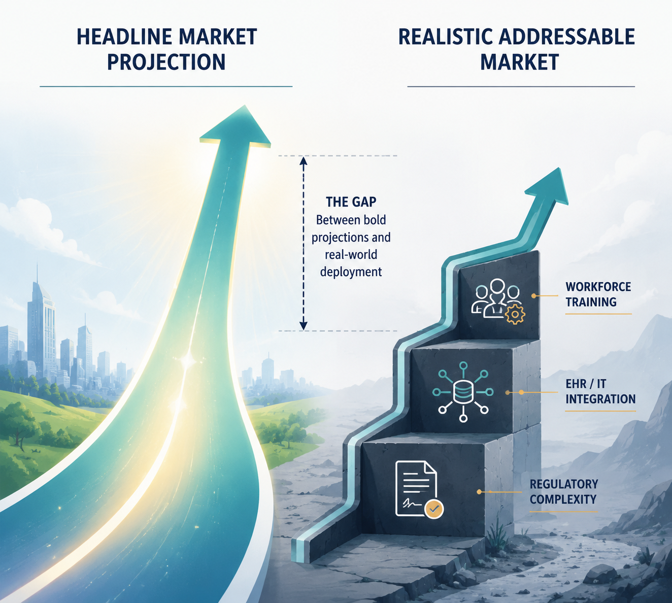 Infographic comparing headline market projection with a lower realistic addressable market after deployment barriers
