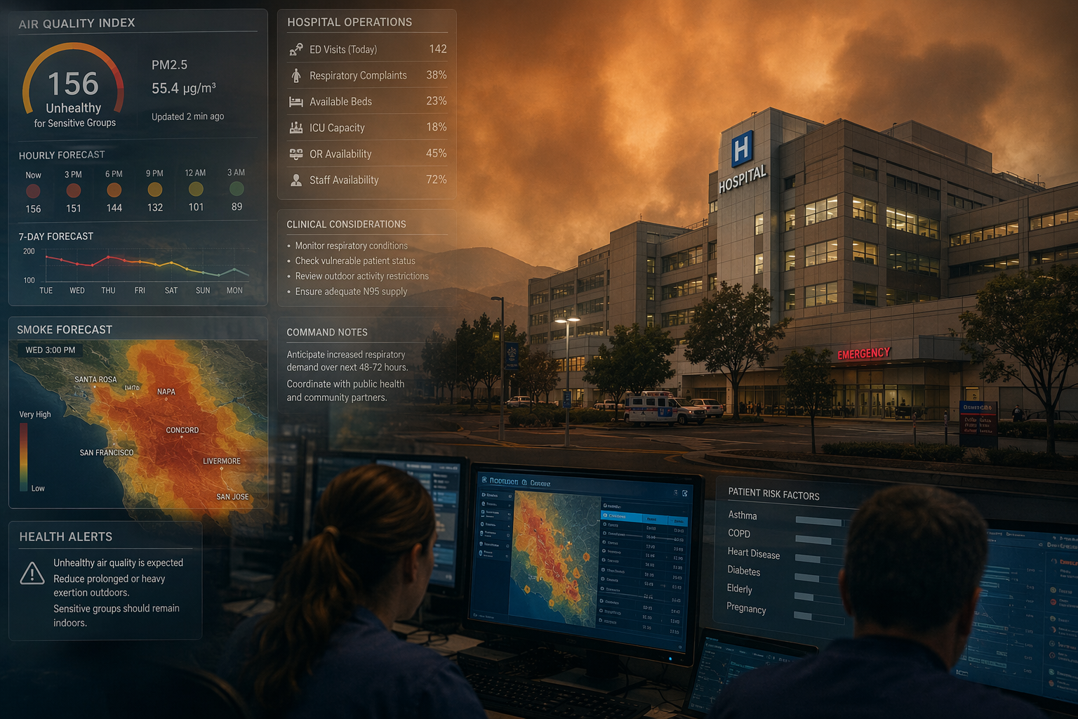 Hospital under a wildfire-smoke sky with air quality forecast dashboards and command center interfaces