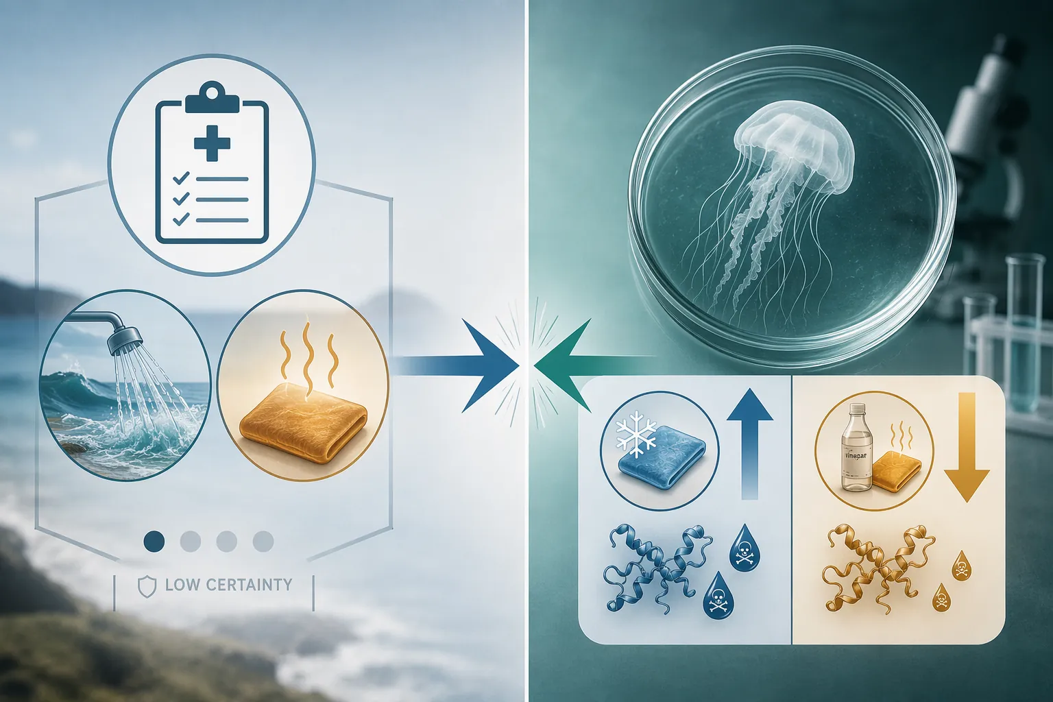 Split diagram contrasting consensus jellyfish sting first aid guidance with species-specific laboratory findings for lion's mane jellyfish venom treatment