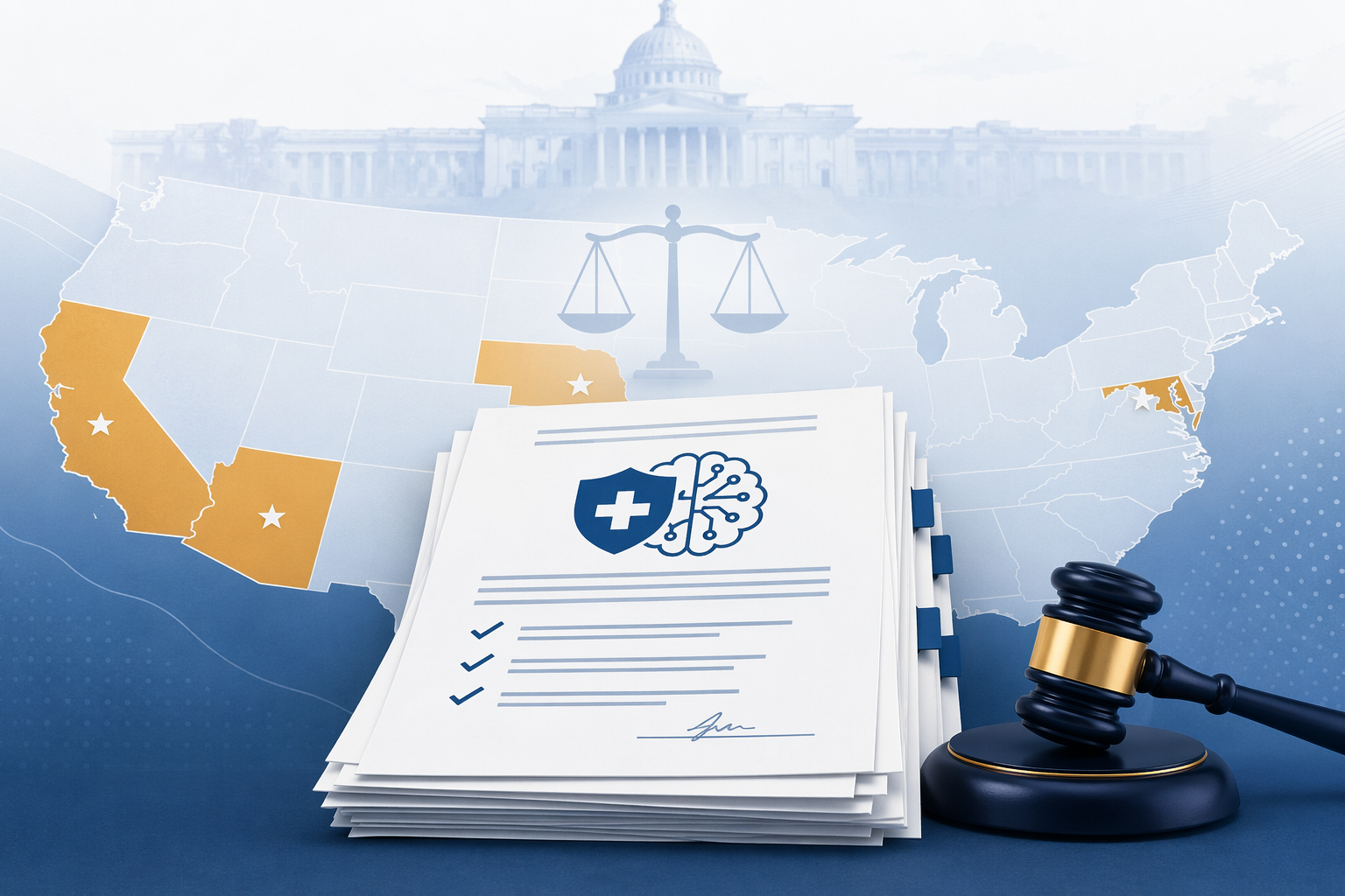 Editorial illustration of a stack of legal documents with a gavel beside them and a faint US map with several highlighted states marked by star icons in the background, with a scale symbol above and a subtle federal building silhouette in the upper background contrasting with the state map below