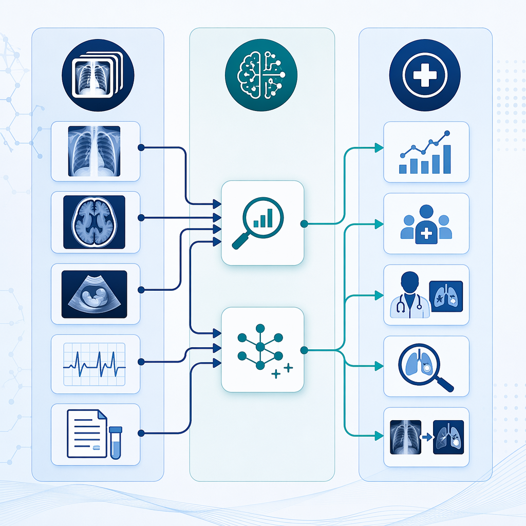 Three-column taxonomy showing data type, AI function, and clinical function connected by flow arrows