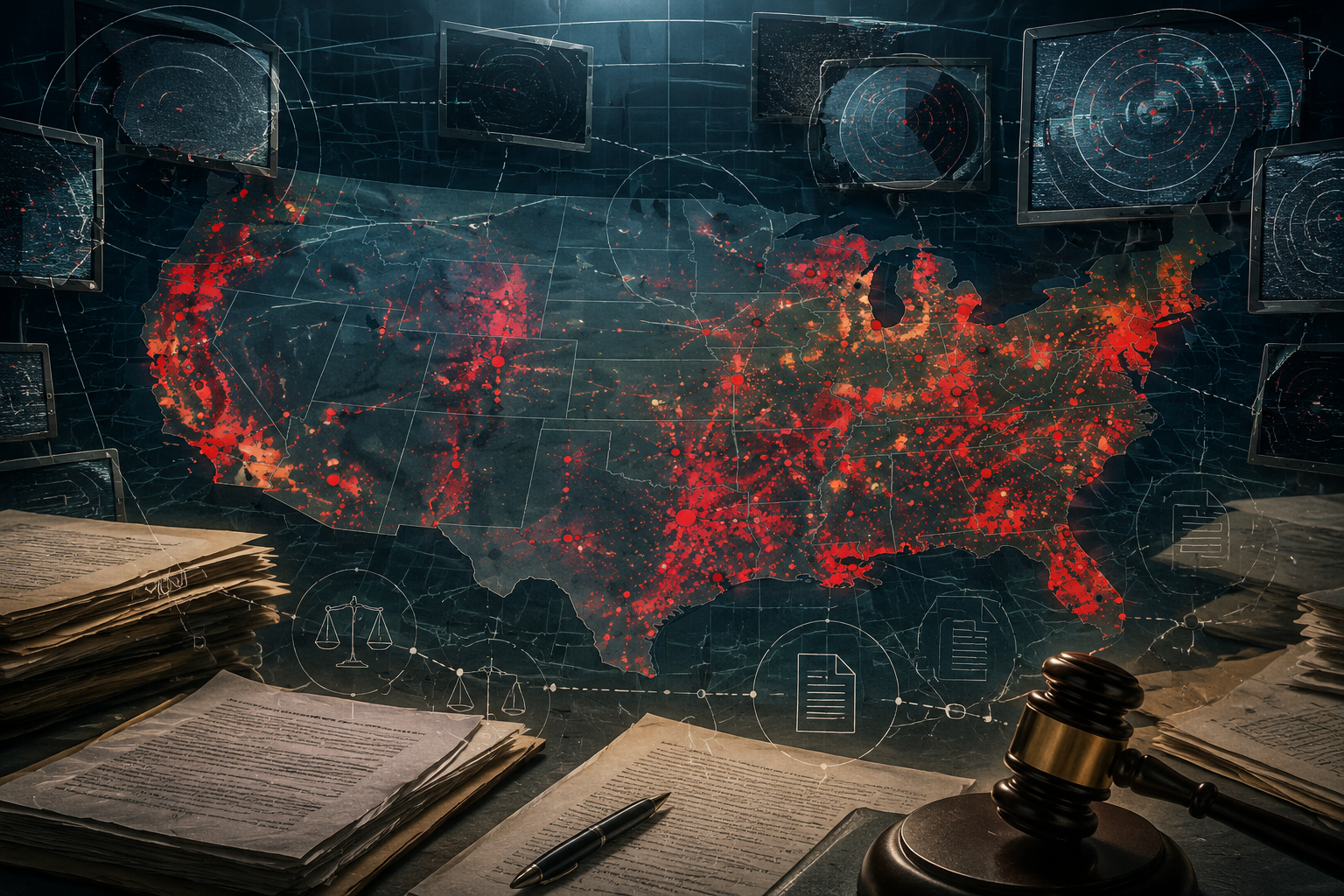 United States outbreak map with legal documents and surveillance screens
