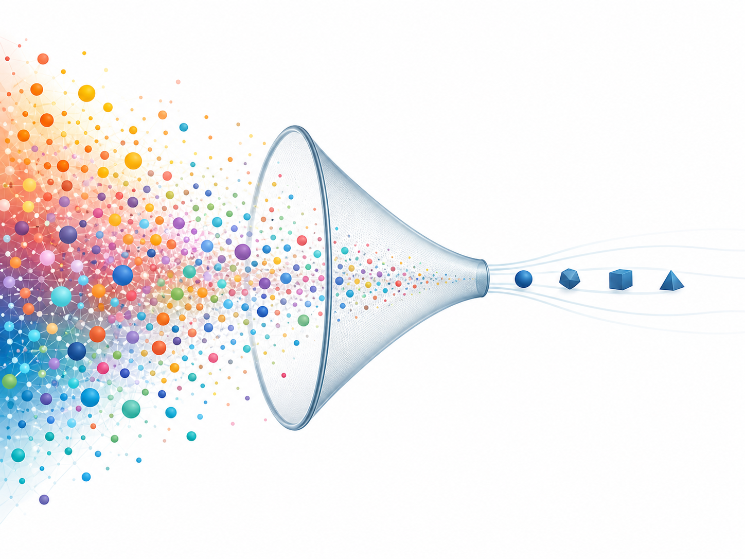 A conceptual editorial illustration showing a funnel-like flow from left to right. On the left, a dense cluster of warm-colored glowing dots representing numerous AI tools and algorithms flows through a narrow constriction, emerging on the right as only a small number of solid, cooler-toned elements — visually representing the scarcity of rigorous evidence relative to the abundance of AI technologies being deployed.