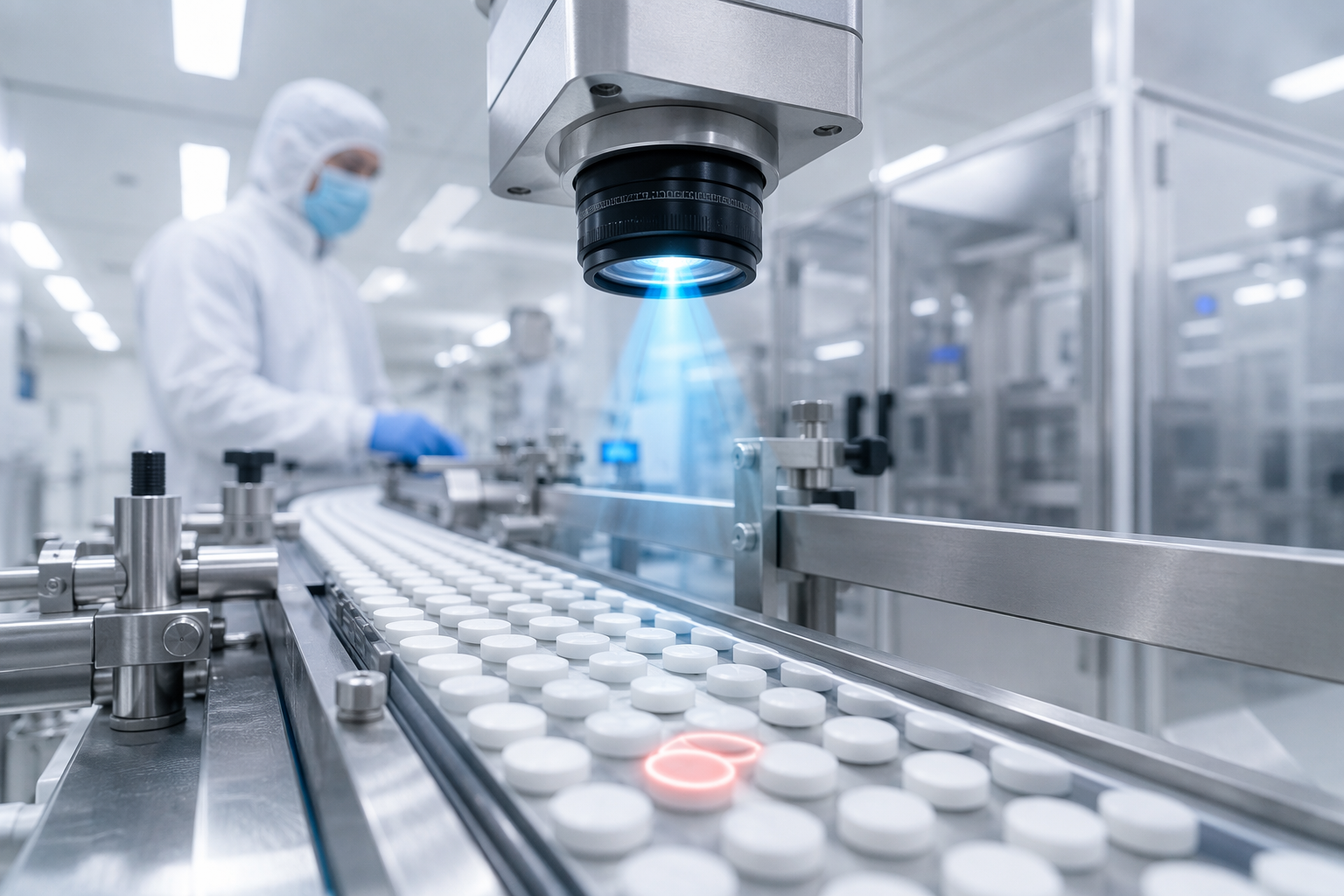 AI-powered camera inspecting tablets on a pharmaceutical manufacturing line