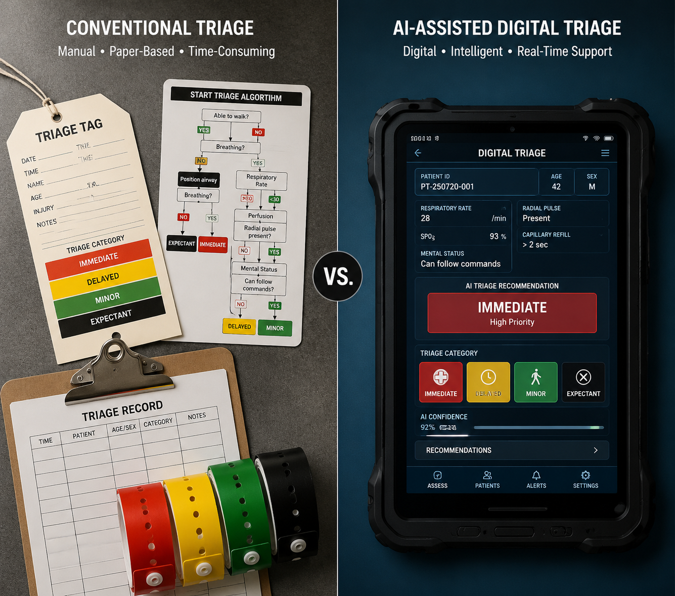 Paper triage tools beside a rugged tablet showing an AI triage interface