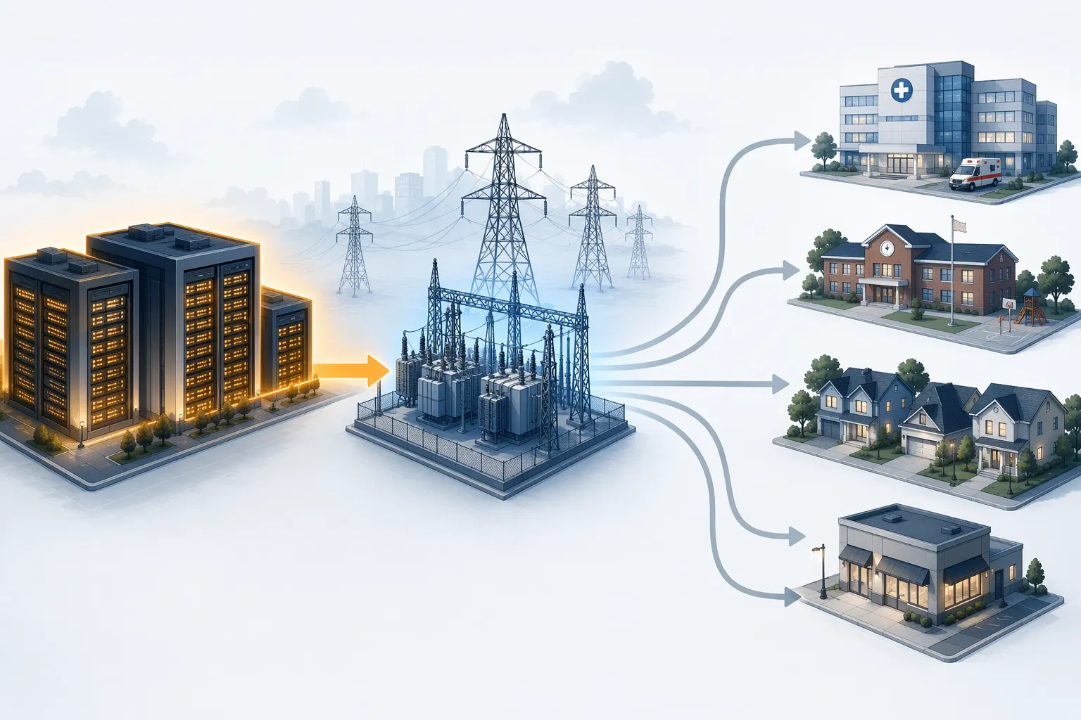 Diagram of data center infrastructure costs spreading through the grid to hospitals, homes, schools, and businesses