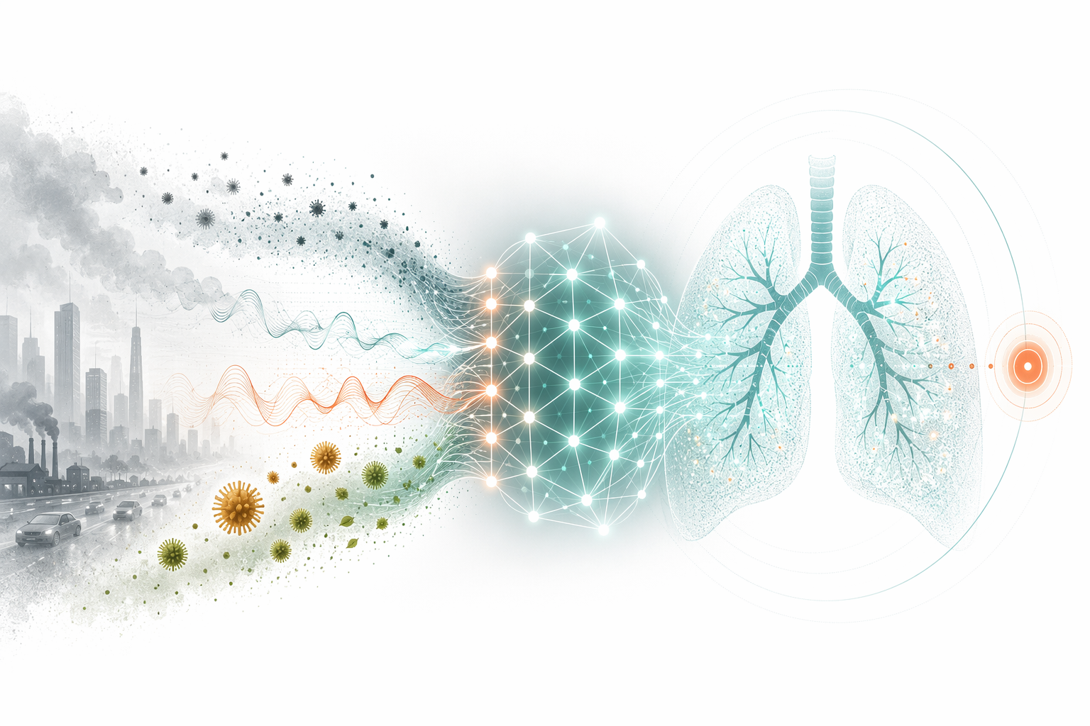 Hazy environmental data streams flowing through a neural network into a lung silhouette