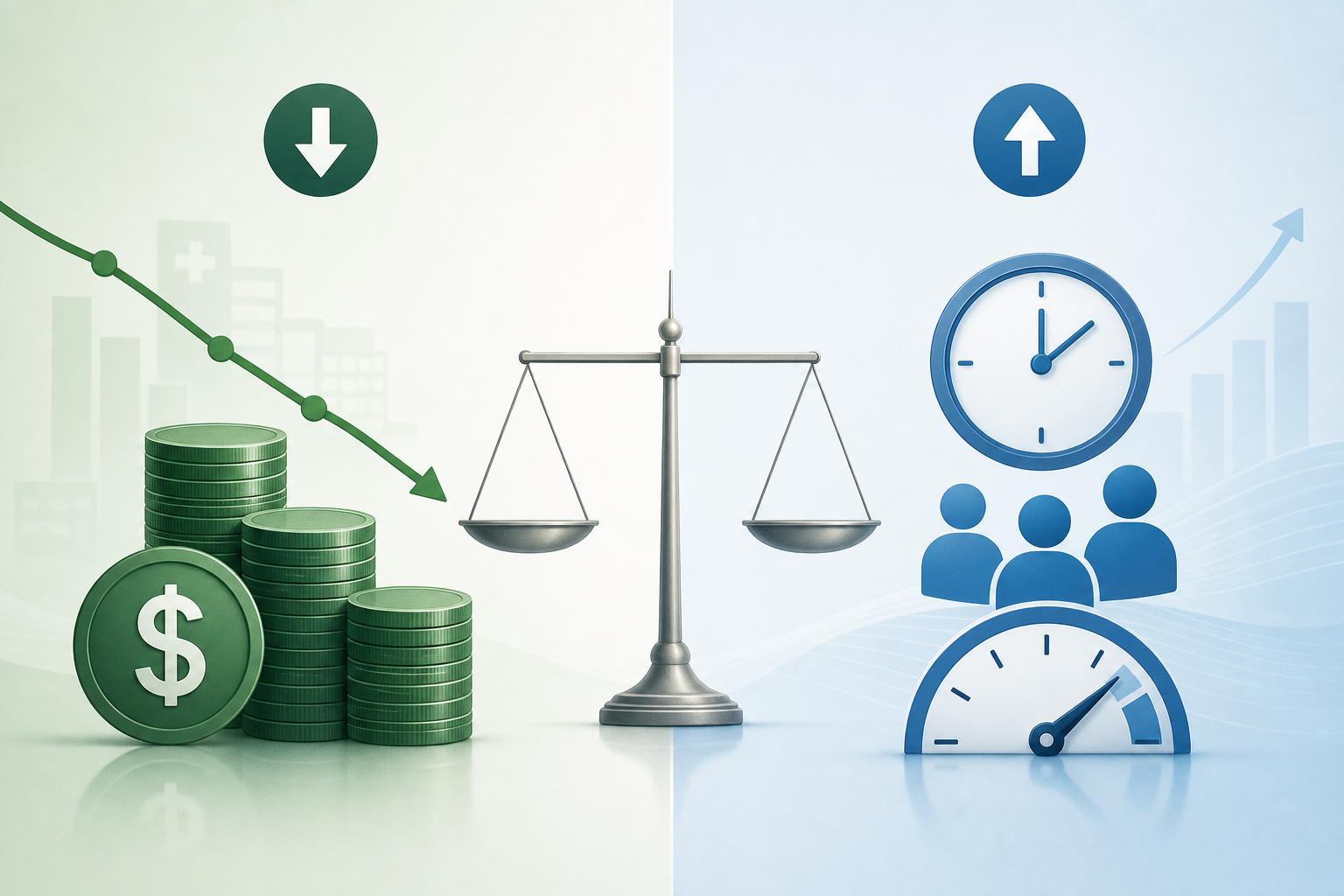 A two-column comparison illustration showing 'Hard Savings' on the left with a stack of coins and a downward cost arrow in deep green tones, and 'Soft Savings' on the right with a clock symbol and efficiency gauge in warm blue tones.