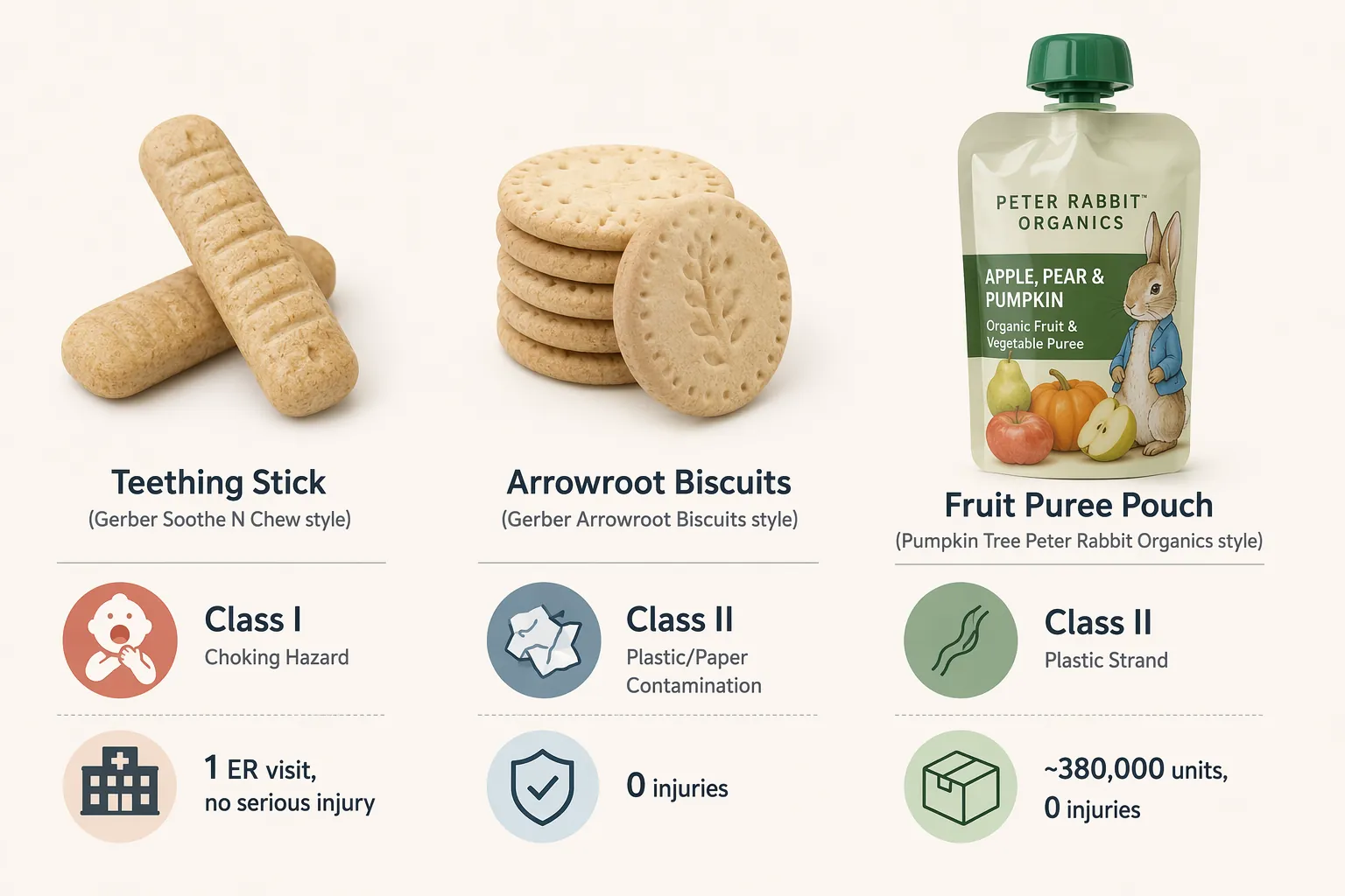 Side-by-side comparison of three baby food recalls showing Class I for a teething stick with one ER visit and Class II for biscuits and pouches with zero reported injuries
