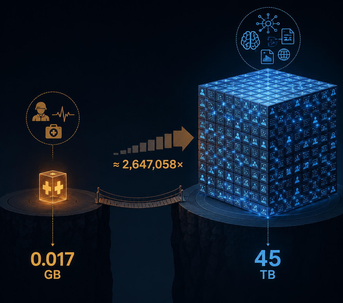 tiny structured combat trauma data block contrasted with a much larger training dataset cube