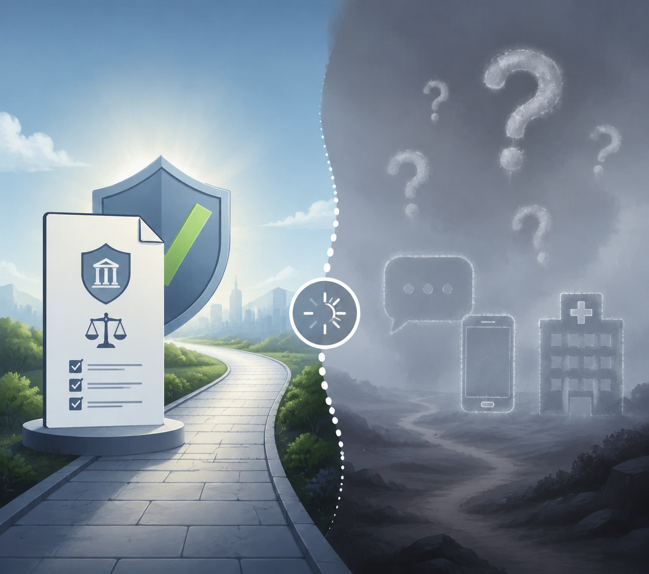Clear CDS pathway beside an uncertain area for chatbots, consumer apps, and hospital predictive models