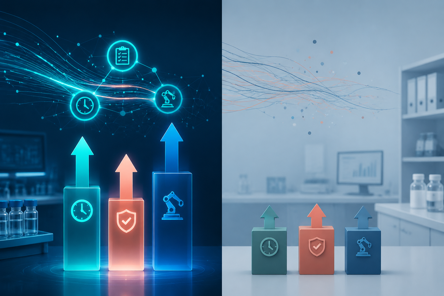 Side-by-side clinical research KPI comparison showing higher performance for experienced AI adopters