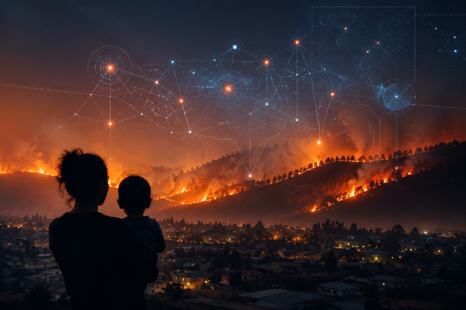 Wildfire on a forested hillside with digital AI monitoring overlays and a human silhouette in the foreground