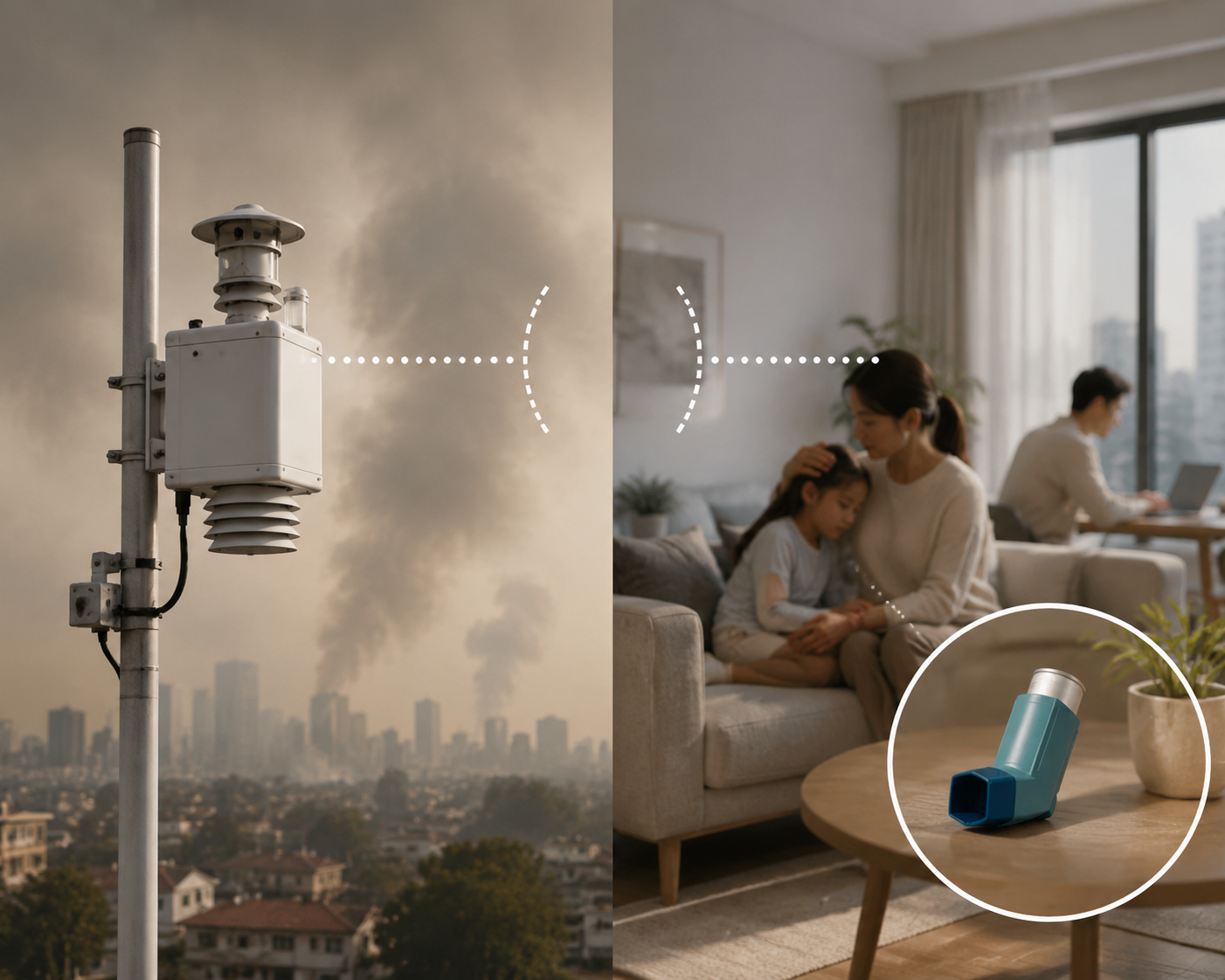 Outdoor air quality monitor contrasted with people indoors during smoky conditions