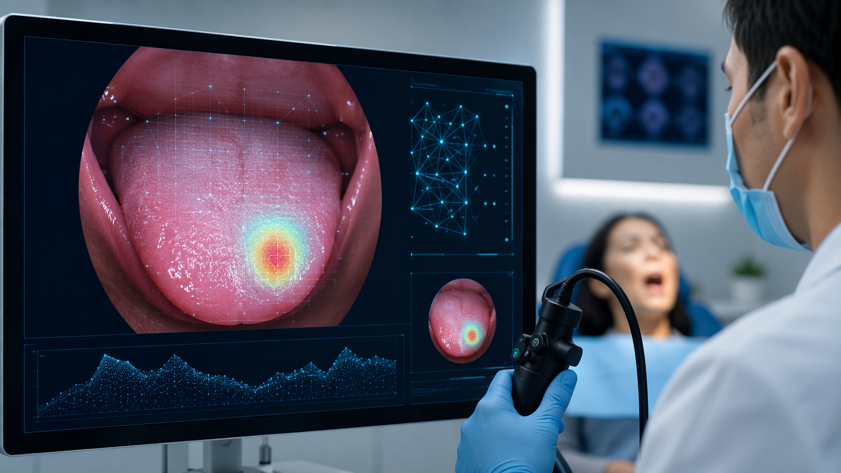 Endoscopic tongue image on a diagnostic screen with AI analysis overlay