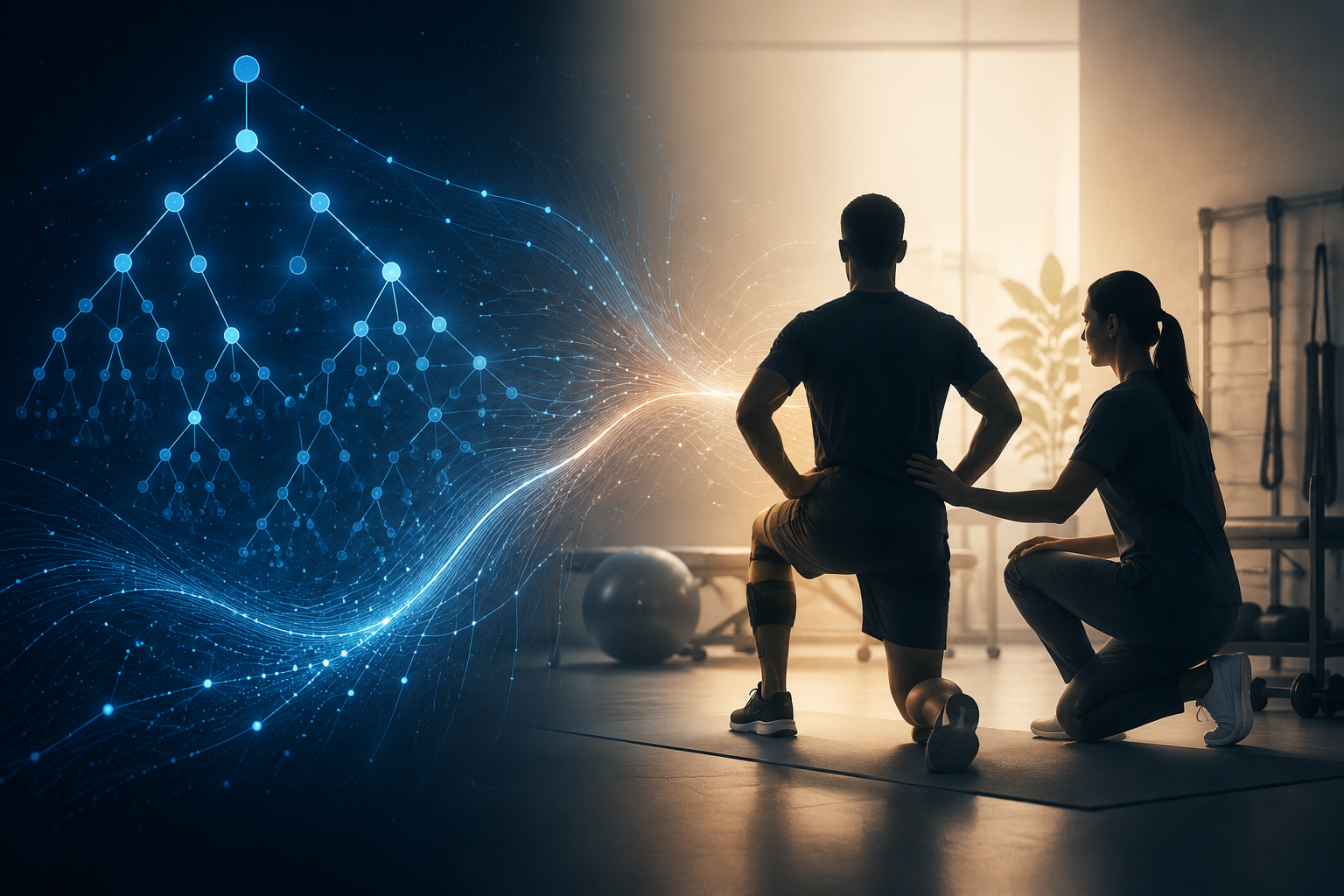 Abstract machine learning decision trees beside an athlete and clinician in a rehabilitation setting