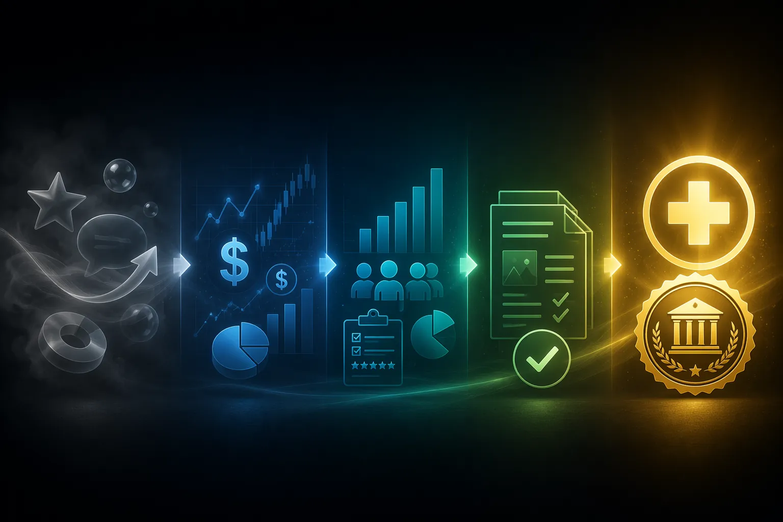 Evidence spectrum from vendor marketing claims through financial, survey, and implementation evidence toward peer-reviewed research
