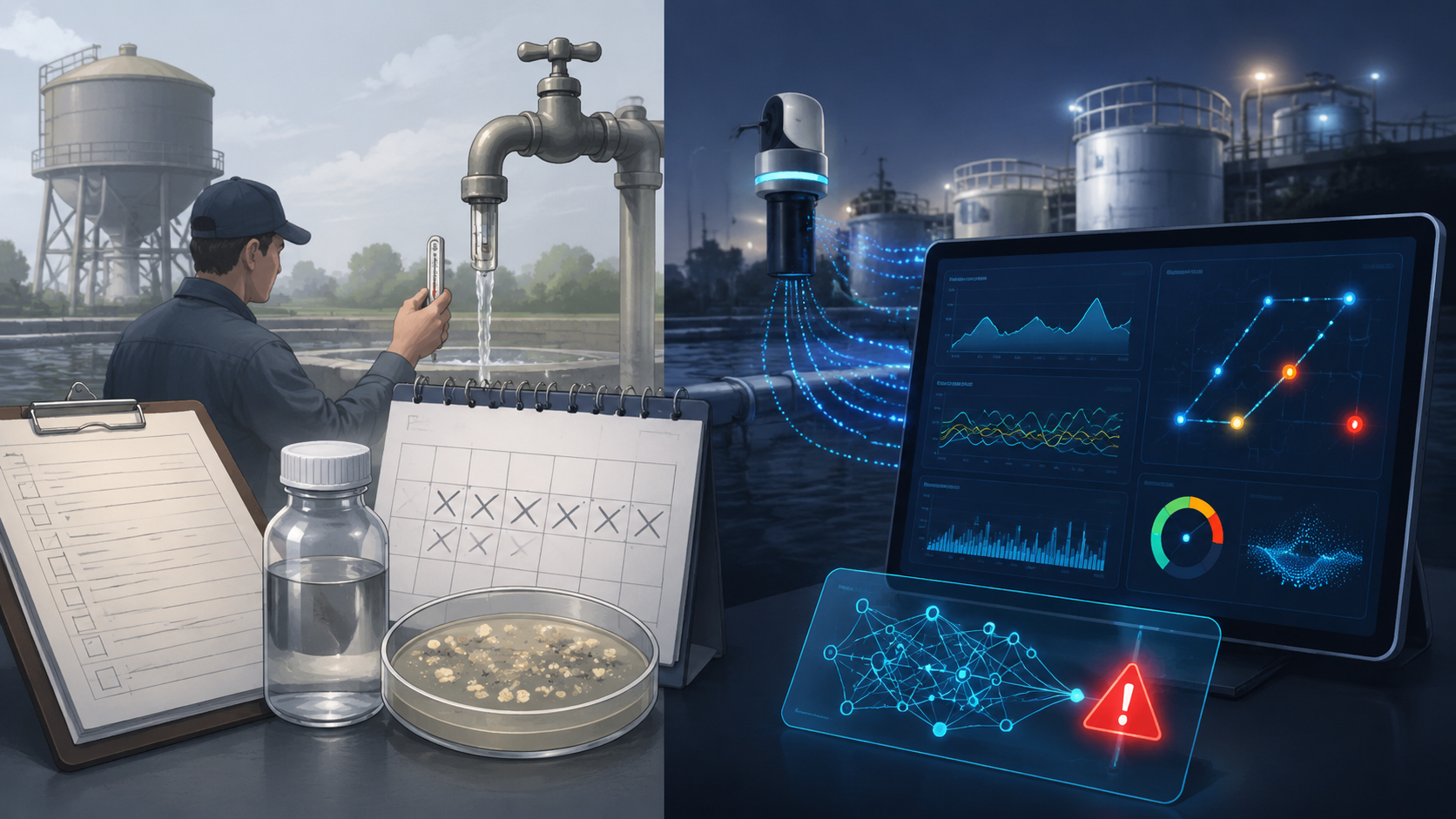 Comparison of traditional water safety checks with clipboard and lab culture vial versus AI-powered continuous monitoring with real-time sensor readings and predictive risk flags