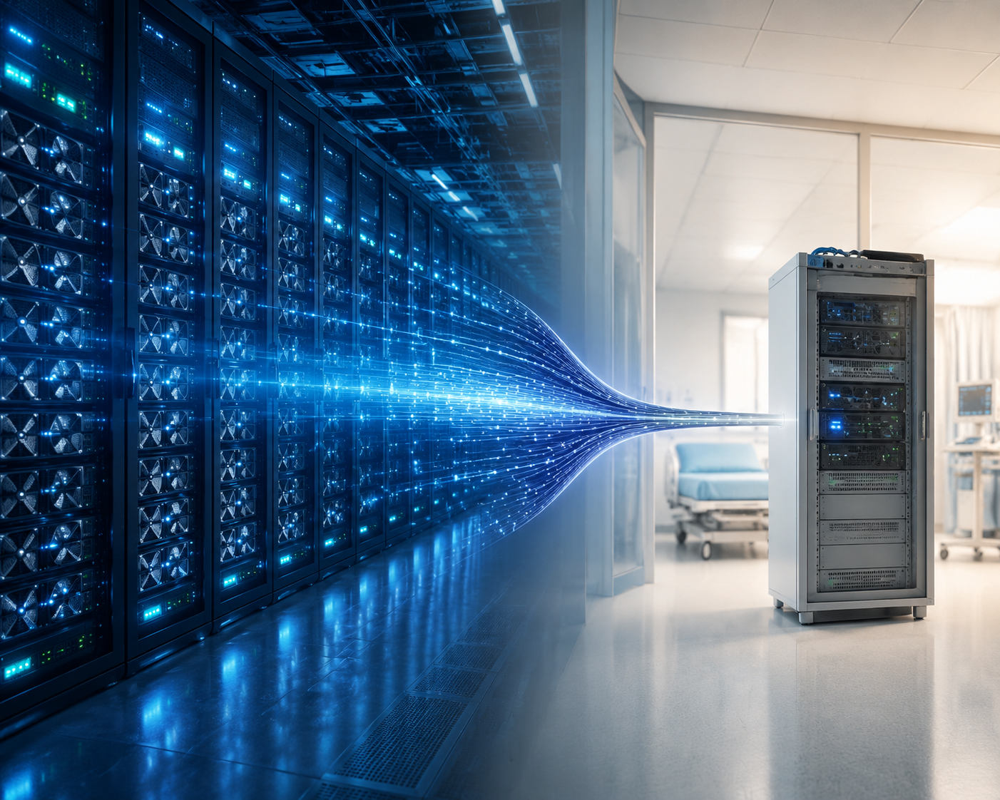 Hyperscale data center and smaller hospital IT cabinet connected by a constrained GPU supply line