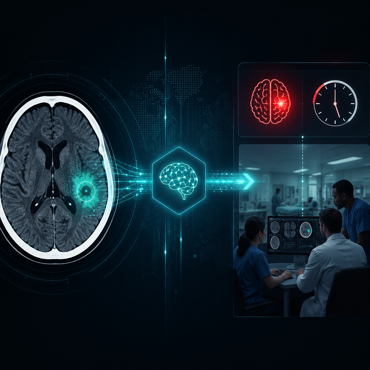 Stroke triage workflow showing a brain CT scan, AI signal transmission, and a stroke team alert dashboard