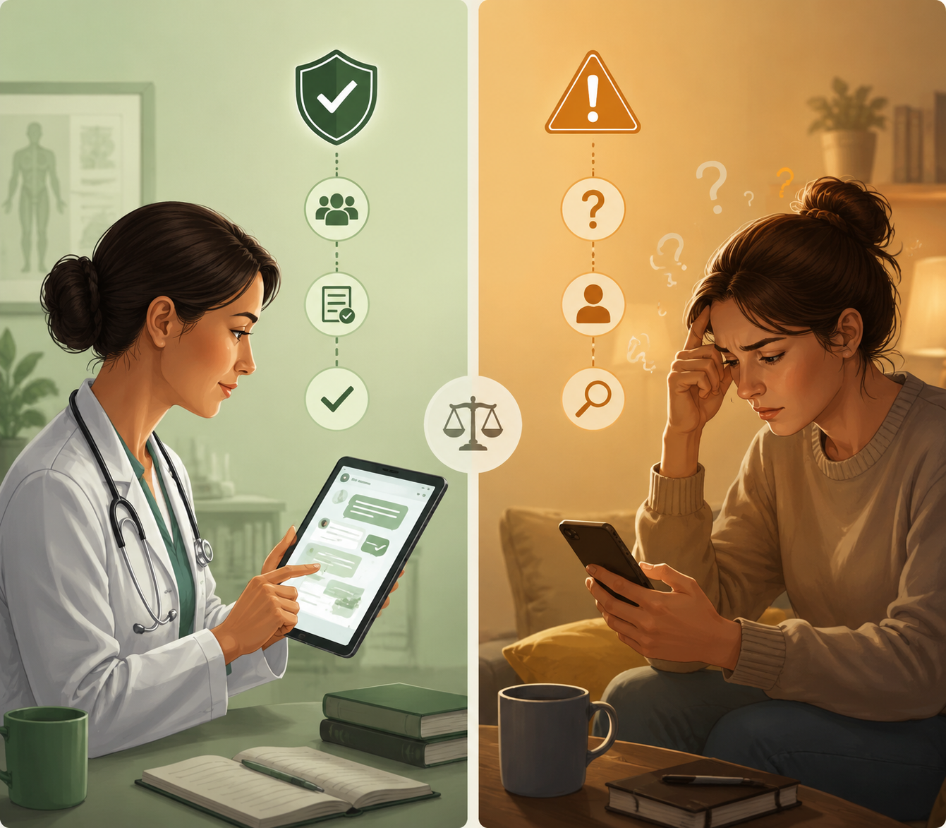 Two-column comparison of physician-reviewed conversational AI and unsupervised patient chatbot use